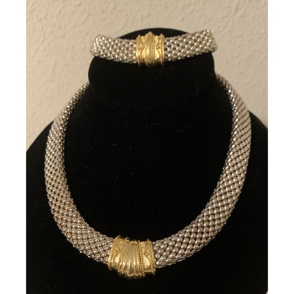 Vintage AVON Bold Mesh Magnetic Necklace Bracelet Set Silver Gold Tone Etruscan